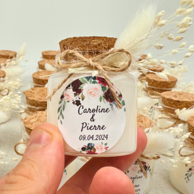 Bougies personnalisées avec petit bouchon en liège mariage + fleurs séchées 🎁