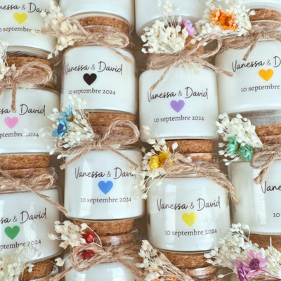 Bougies personnalisées avec petit bouchon en liège Baptême + fleurs séchées 🎁