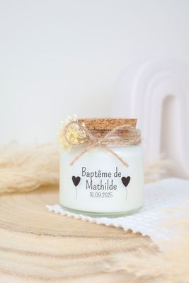 Bougie 100 ml bouchon avec fleurs séchées et étiquette transparente