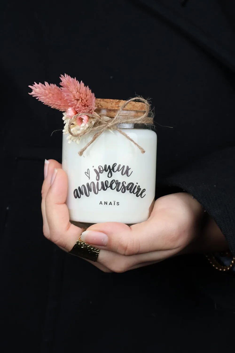 Bougie 200 ml bouchon avec fleurs séchées et étiquette transparente