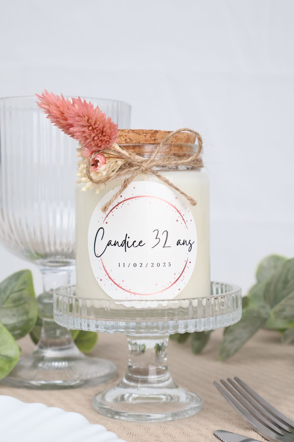 Bougie 200 ml bouchon liège avec fleurs séchées et étiquette