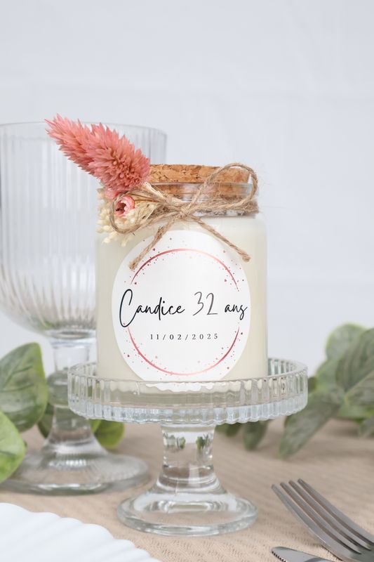 Bougie 200 ml bouchon liège avec fleurs séchées et étiquette