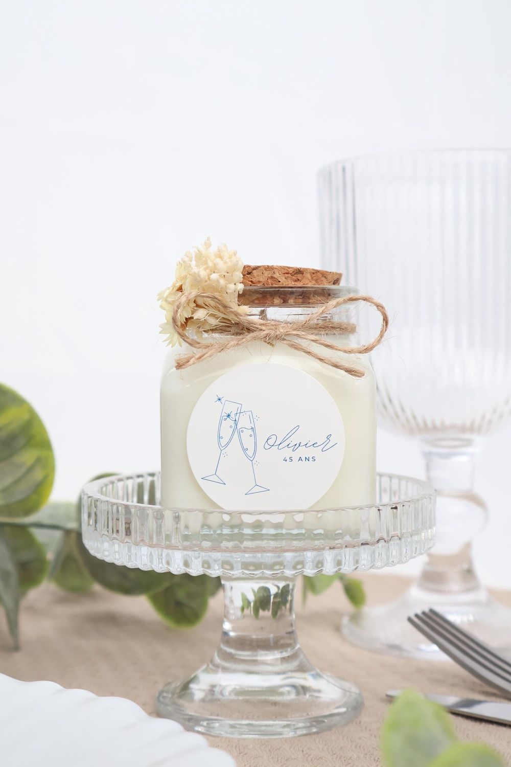 Bougie 120 ml bouchon liège avec fleurs séchées et étiquette