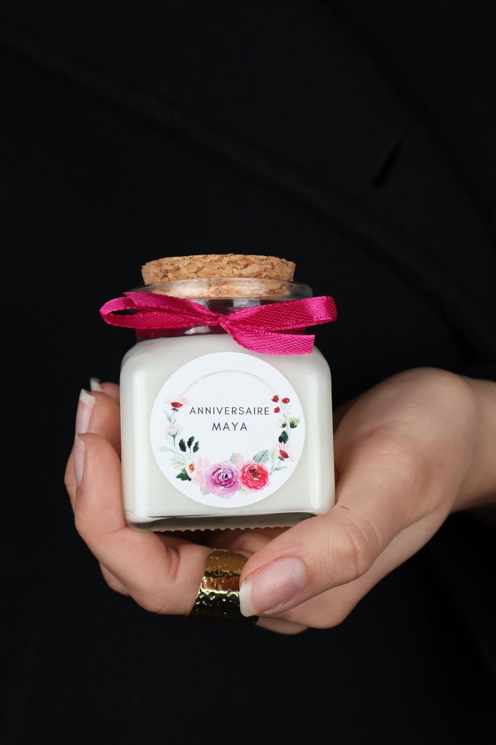 Bougie 120 ml bouchon liège avec ruban et étiquette