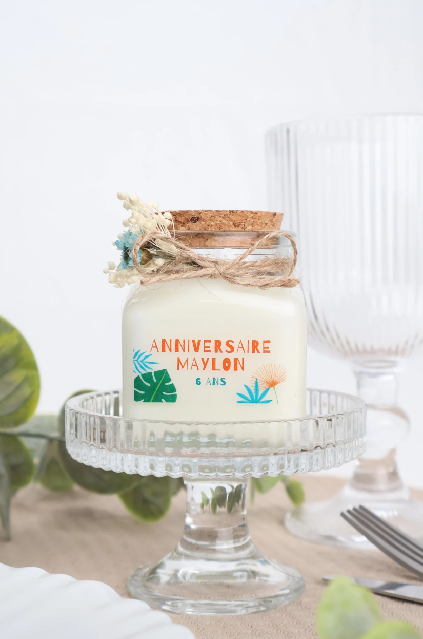 Bougie 120 ml bouchon avec fleurs séchées et étiquette transparente