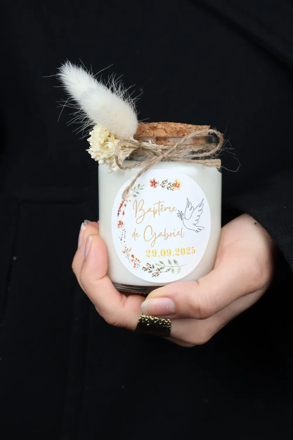 Bougie 200 ml bouchon liège avec fleurs séchées et étiquette