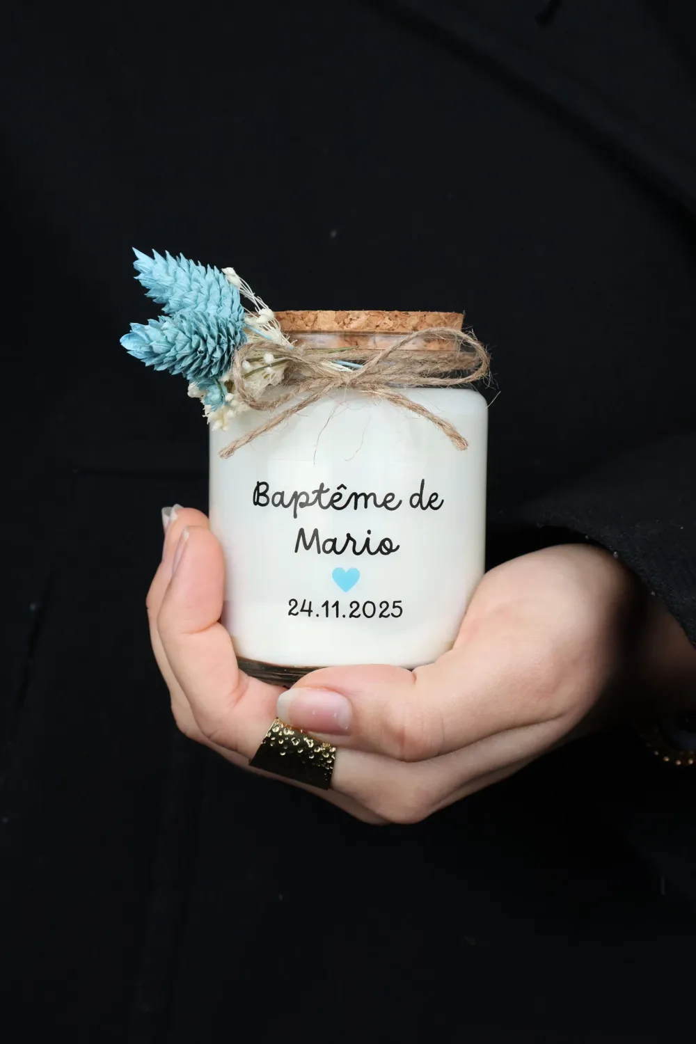 Bougie 200 ml bouchon avec fleurs séchées et étiquette transparente