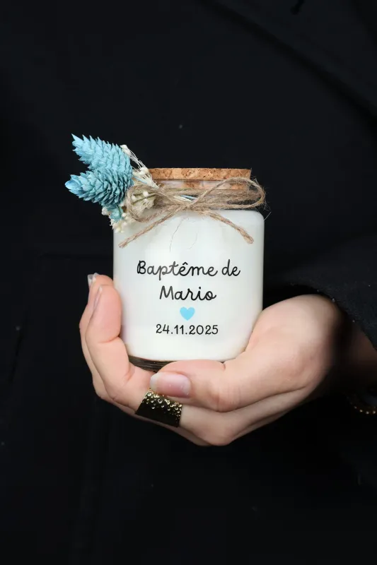Bougie 200 ml bouchon avec fleurs séchées et étiquette transparente