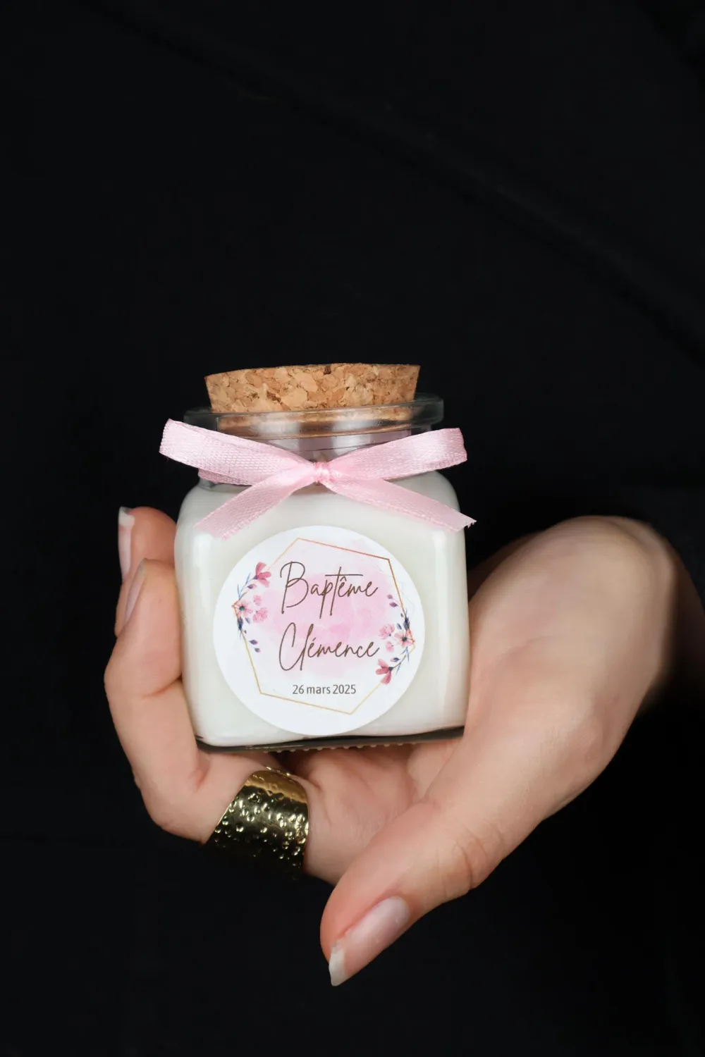 Bougie 120 ml bouchon liège avec ruban et étiquette