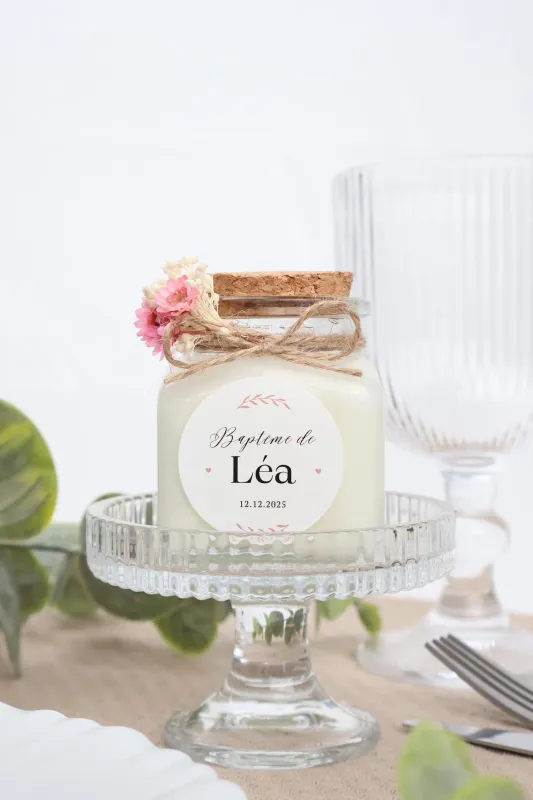 Bougie 120 ml bouchon liège avec fleurs séchées et étiquette