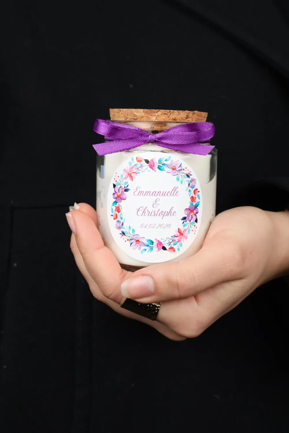 Bougie 200 ml bouchon liège avec ruban et étiquette