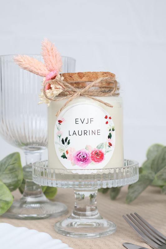 Bougie 200 ml bouchon liège avec fleurs séchées et étiquette