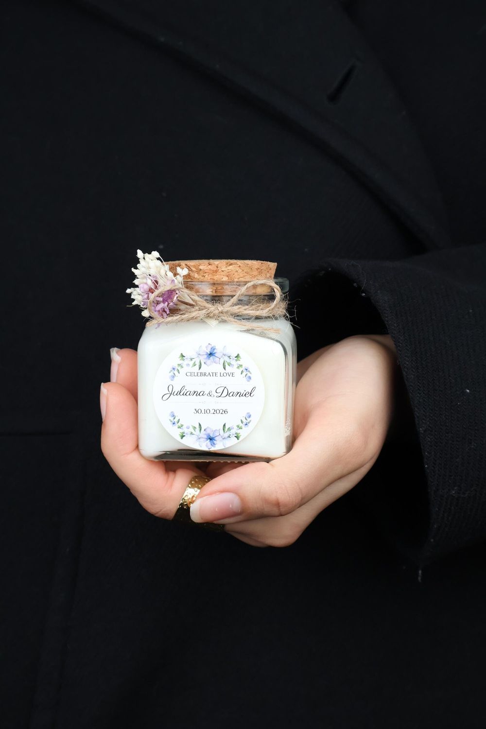 Bougie 120 ml bouchon liège avec fleurs séchées et étiquette