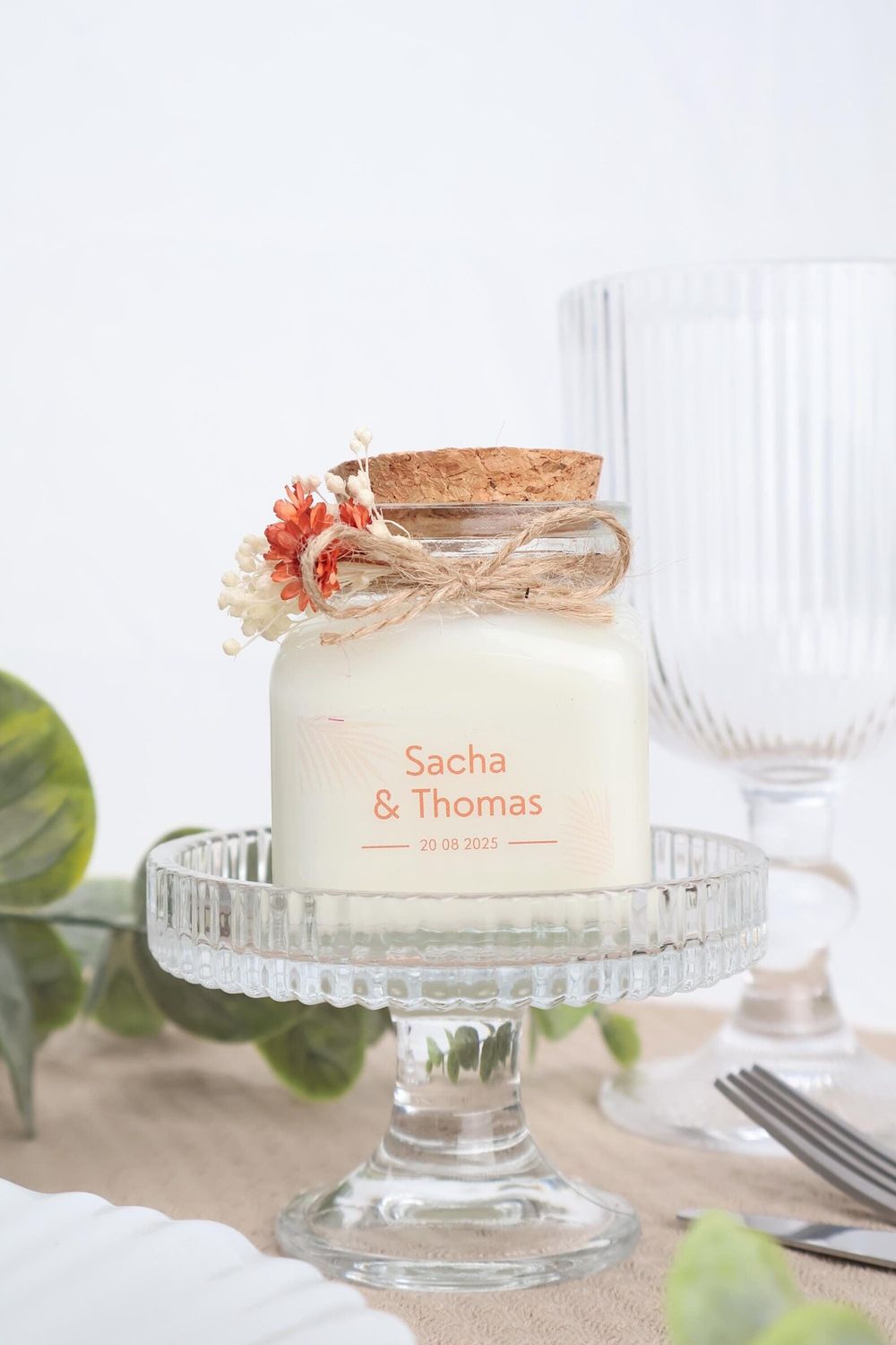 Bougie 120 ml bouchon avec fleurs séchées et étiquette transparente
