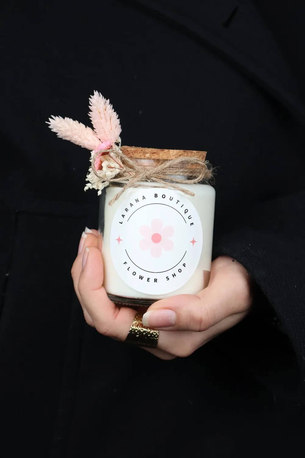 Bougie 200 ml bouchon liège avec fleurs séchées et étiquette