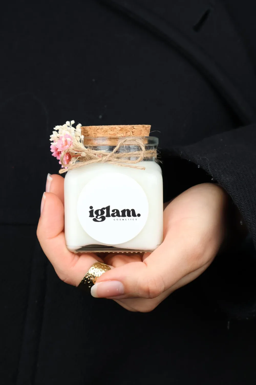 Bougie 120 ml bouchon liège avec fleurs séchées et étiquette
