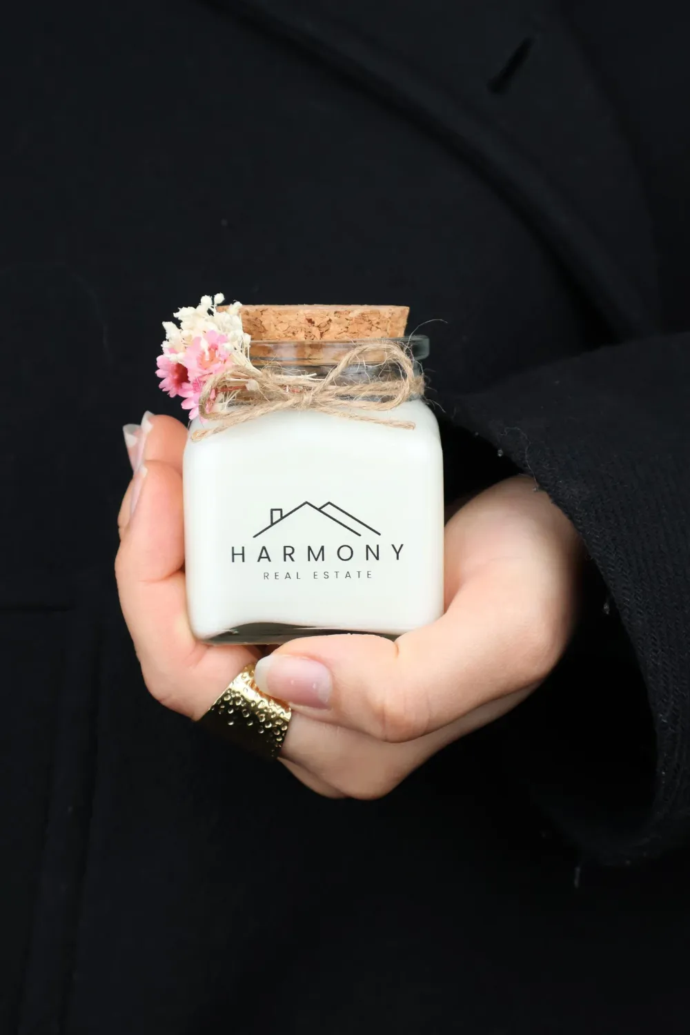 Bougie 120 ml bouchon avec fleurs séchées et étiquette transparente