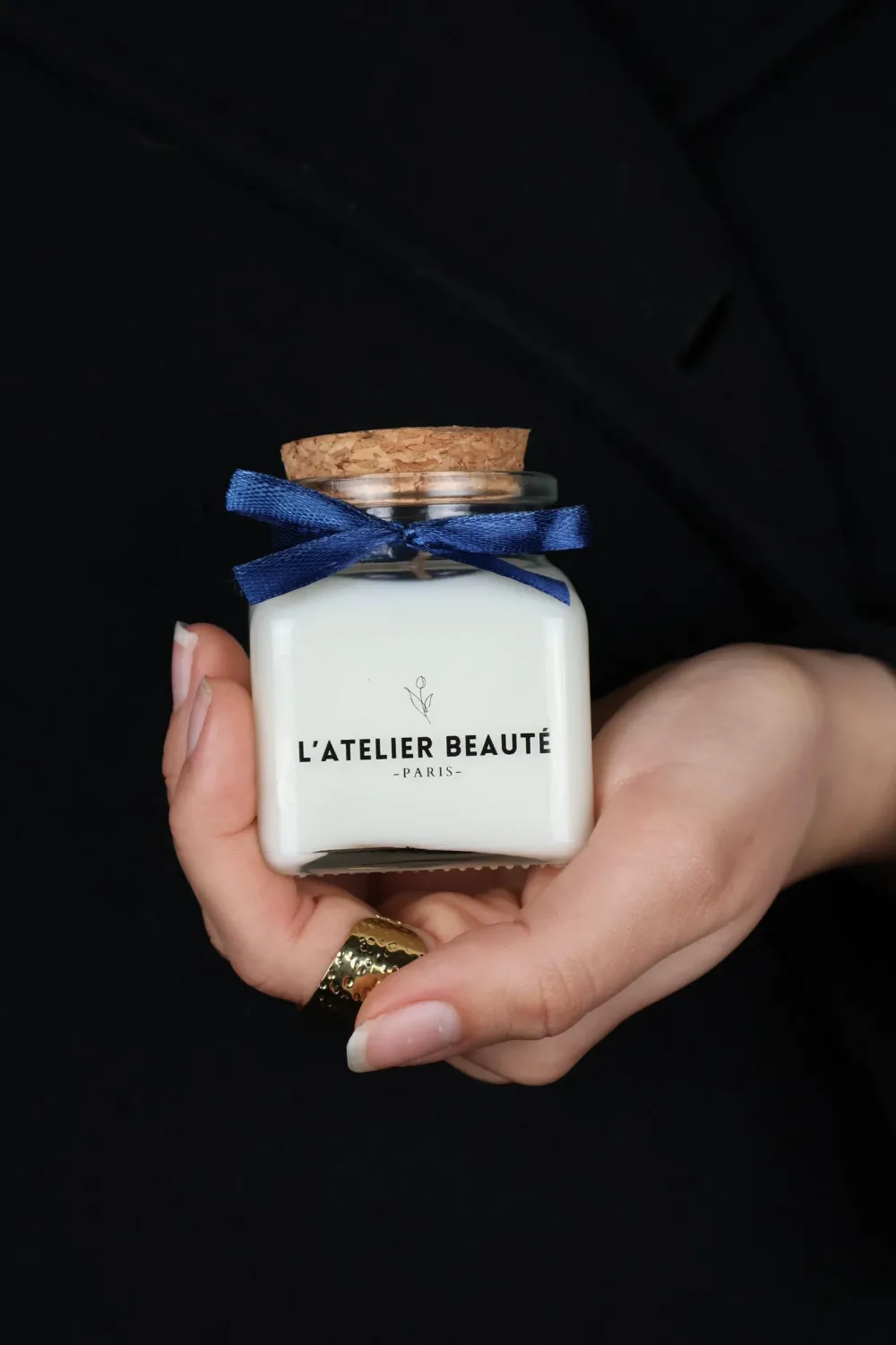 Bougie 120 ml bouchon liège avec ruban et étiquette