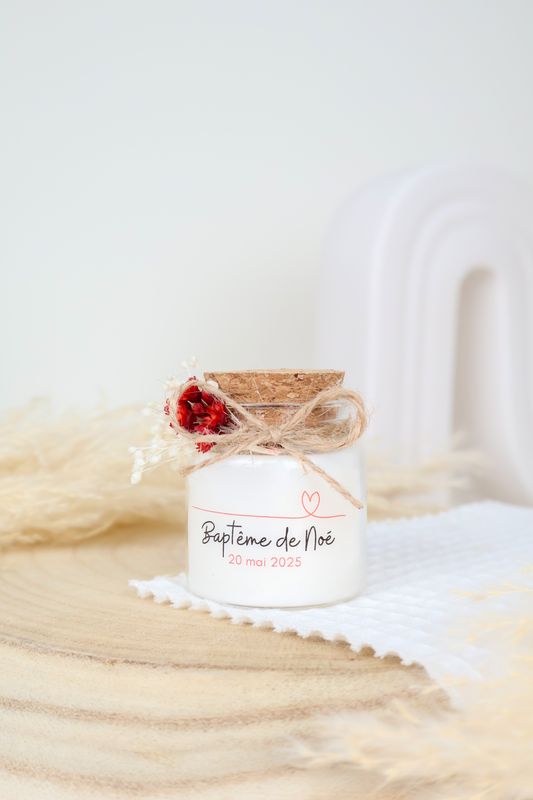 Bougie ronde bouchon en liège étiquettes transparente et Fleurs séchées pour baptême