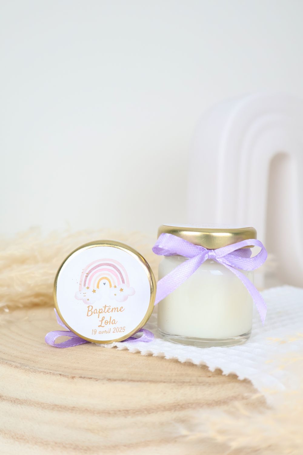 Bougie personnalisée 40 ml pour baptême avec sticker et ruban