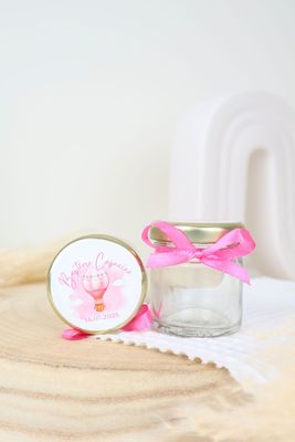 Pot en verre 40 ml personnalisé pour baptême avec sticker et ruban
