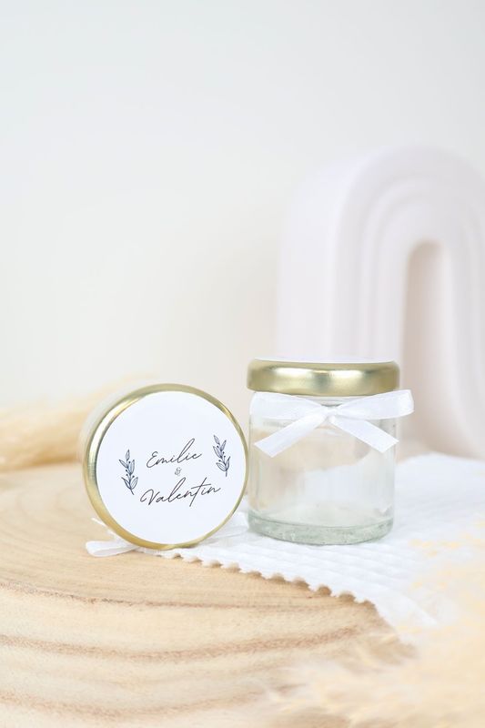 Pot en verre 40 ml personnalisé pour mariage avec sticker et ruban
