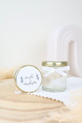Pot en verre 40 ml personnalisé pour mariage avec sticker et ruban