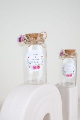 Pot en verre 120 ml personnalisé pour mariage avec sticker et ruban
