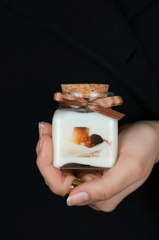 120 ml candle with cork lid, ribbon, and label