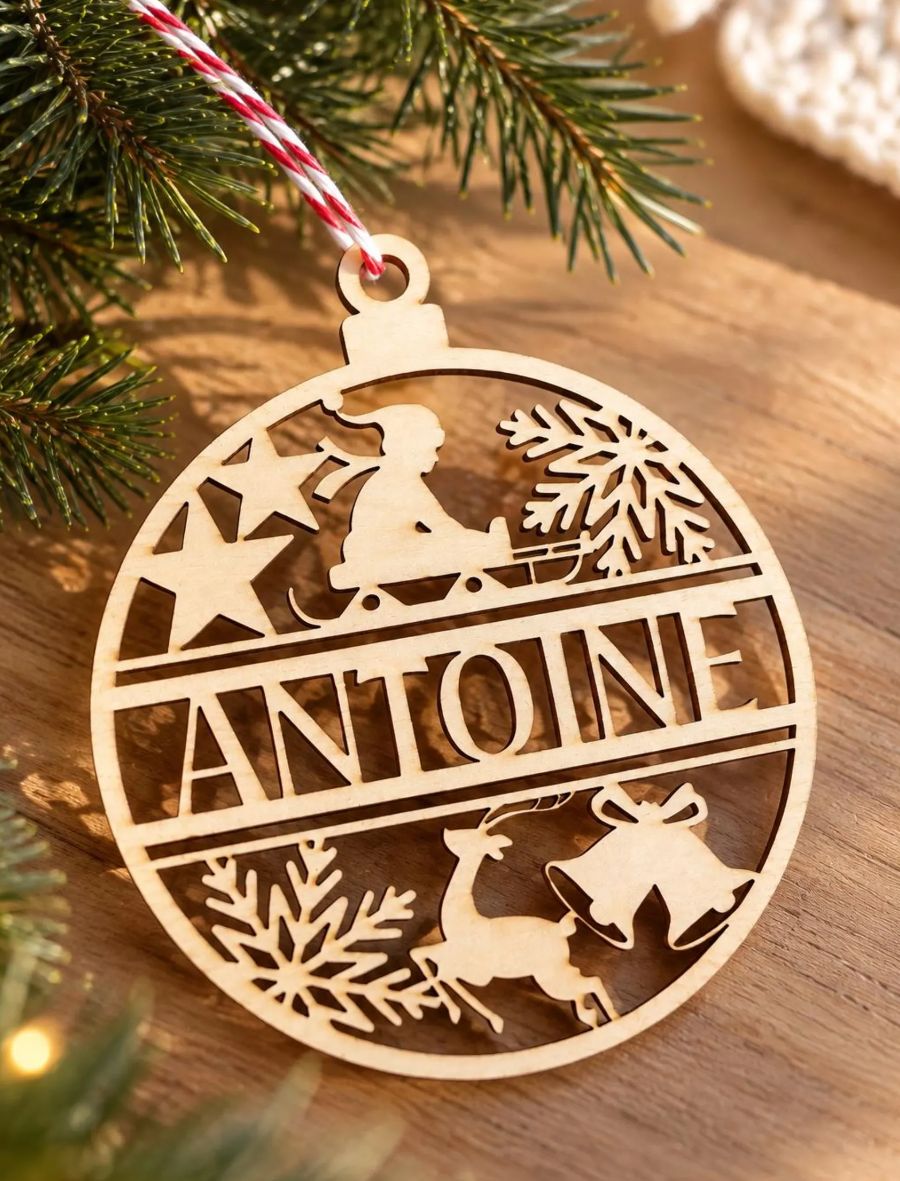 Boule de Noël personnalisée en bois – Prénom au choix