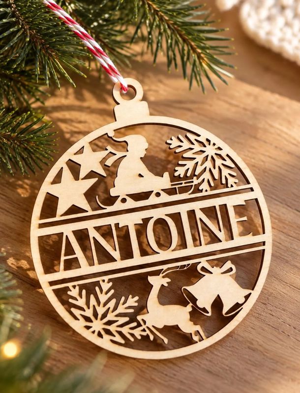 Boule de Noël personnalisée en bois – Prénom au choix