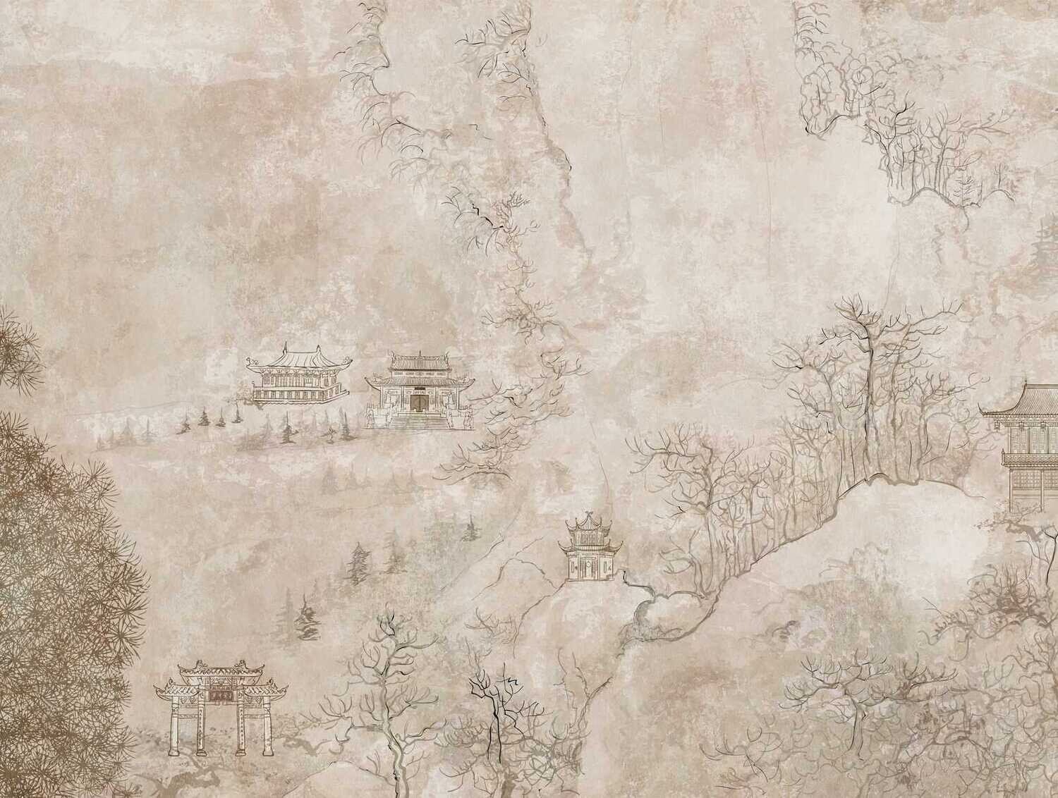 Asien Retro Design mit Landschaft und Pagoden