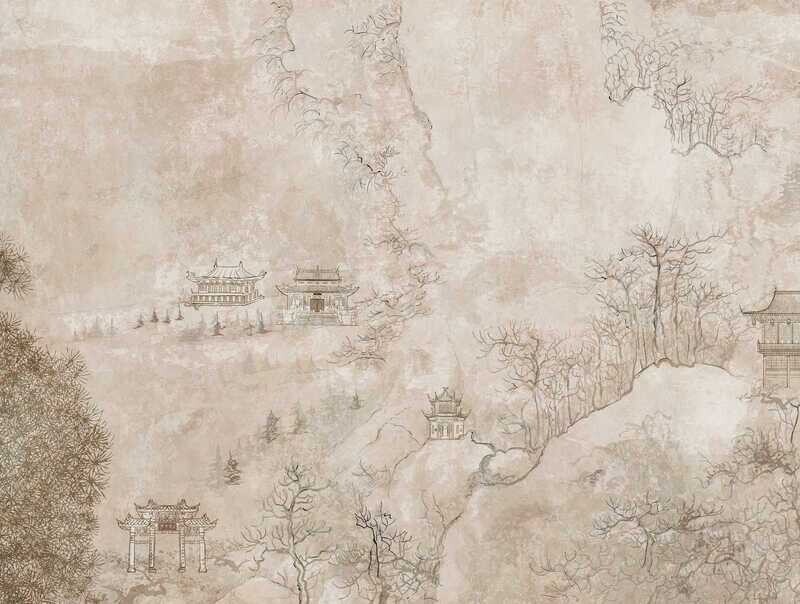 Asien Retro Design mit Landschaft und Pagoden