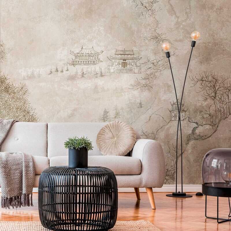 Asien Retro Design mit Landschaft und Pagoden