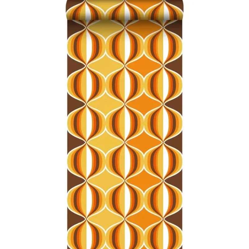 Retro-Tapete im 70er-Jahre-Stil Geometrisches Wellenmuster Orange Braun