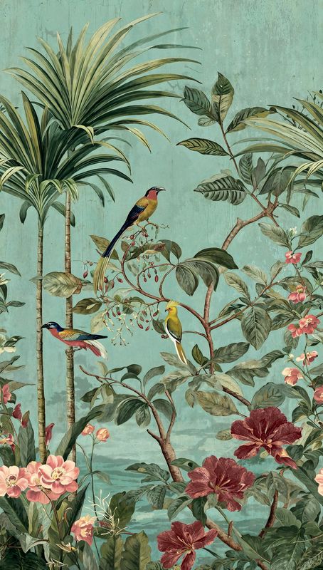 Motivtapete mit Exotischen Vögeln, Palmen und Blüten im botanischen Design