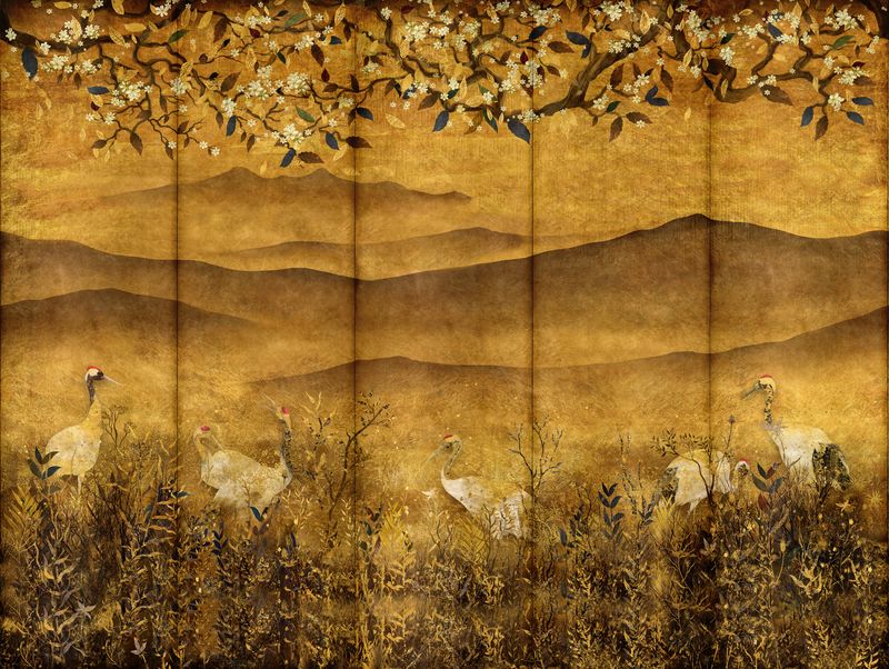 Motivtapete mit Asiatischer Berglandschaft und Kranichen im kunstvollen Gold-Look matt &amp; glatt - Gold