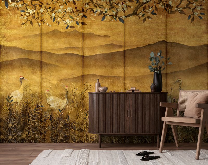 Motivtapete mit Asiatischer Berglandschaft und Kranichen im kunstvollen Gold-Look matt &amp; glatt - Gold