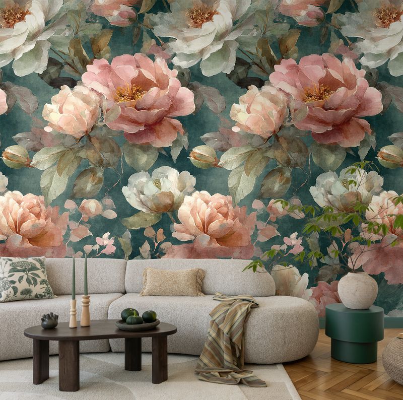 Motivtapete mit großflächigen Blüten im romantischen Aquarell-Design matt glatt Petrol