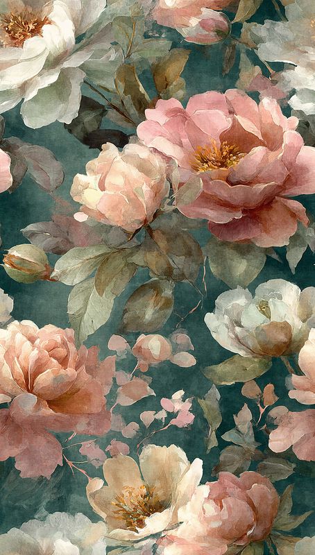 Motivtapete mit großflächigen Blüten im romantischen Aquarell-Design matt glatt Petrol