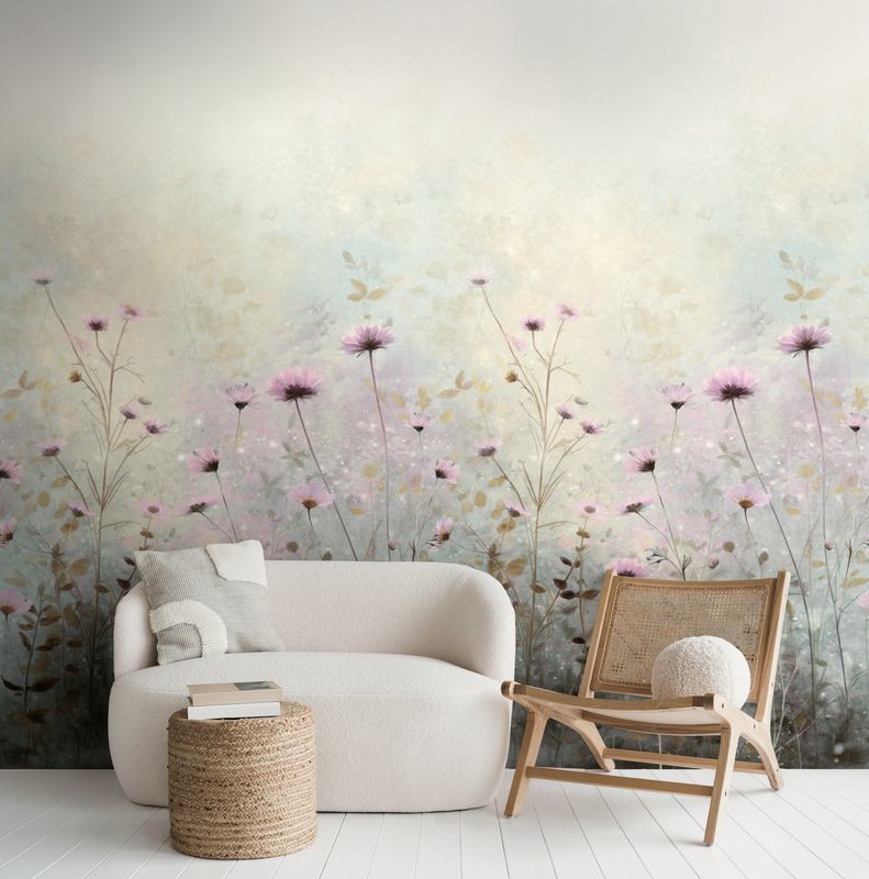 Motivtapete mit Filigranen Wiesenblumen im romantischen Aquarellstil matt glatt Blau