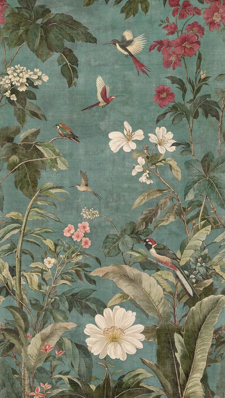 Motivtapete mit exotischen Vögeln und floralen Pflanzen im eleganten Dschungel-Design matt glatt Grün