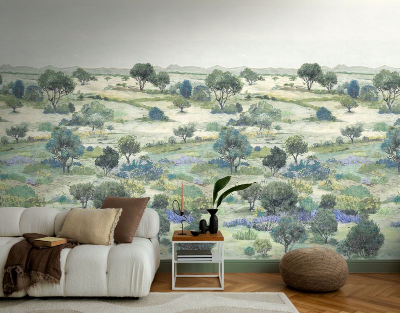 Motivtapete mit sanfter Natur- und Hügellandschaft im Aquarellstil matt glatt Grün