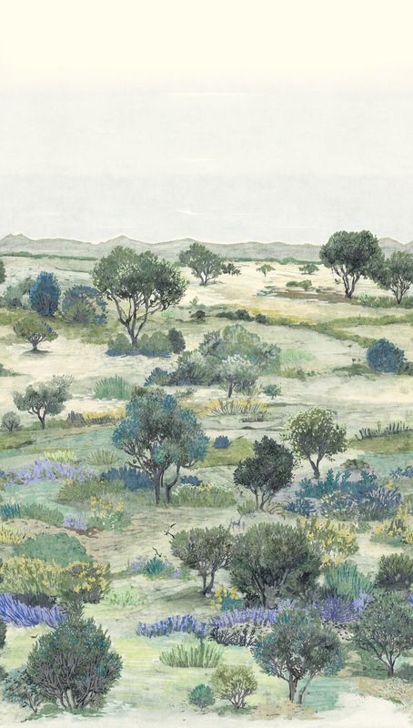 Motivtapete mit sanfter Natur- und Hügellandschaft im Aquarellstil matt glatt Grün