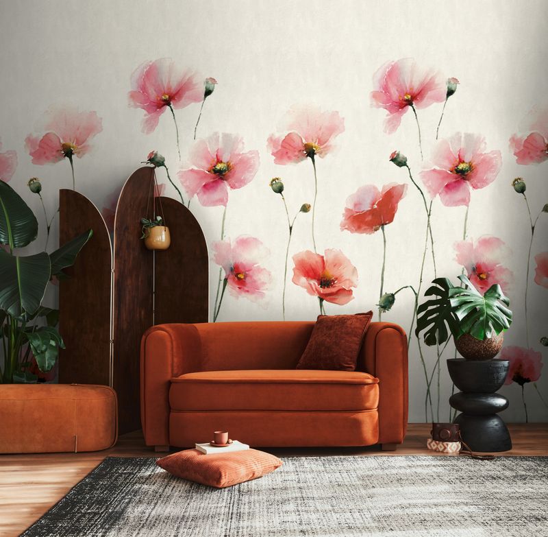 Motivtapete mit großen Mohnblüten im Aquarellstil matt glatt Beige