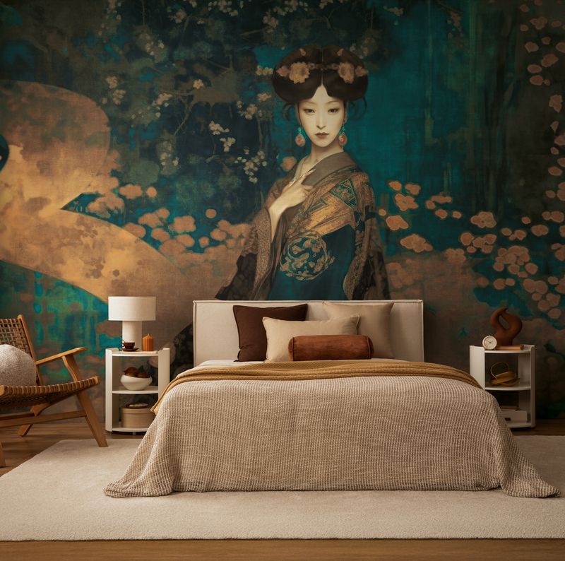 Motivtapete mit asiatischem Frauenportrait im kunstvollen Vintage Stil matt glatt Kupfer
