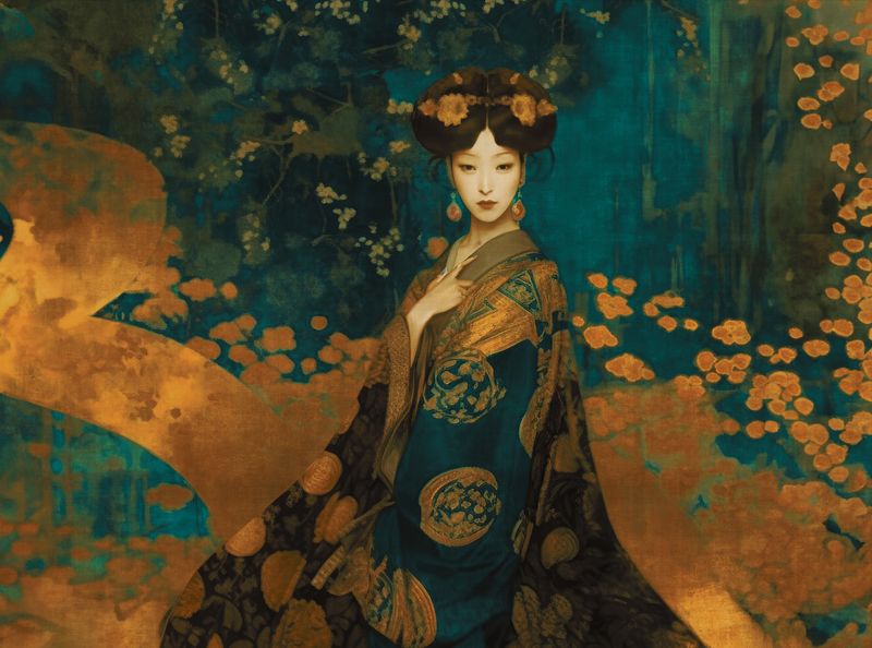 Motivtapete mit asiatischem Frauenportrait im kunstvollen Vintage Stil matt glatt Kupfer