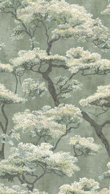 Motivtapete mit blühenden Zierbäumen im asiatischen Gartenstil matt glatt Grün