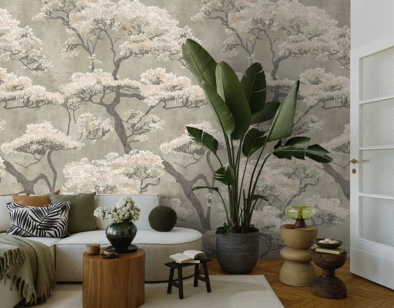 Motivtapete mit stilisierten Blütenbäumen im asiatischen Naturdesign matt glatt Beige Grau
