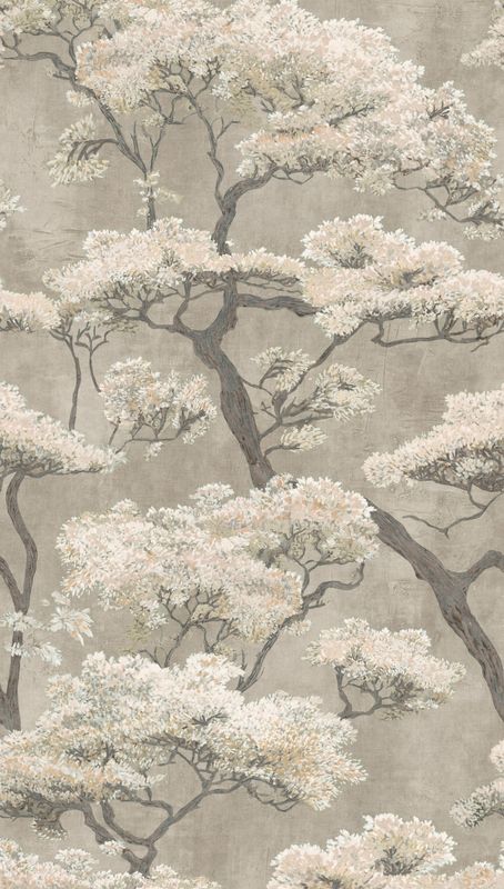 Motivtapete mit stilisierten Blütenbäumen im asiatischen Naturdesign matt glatt Beige Grau